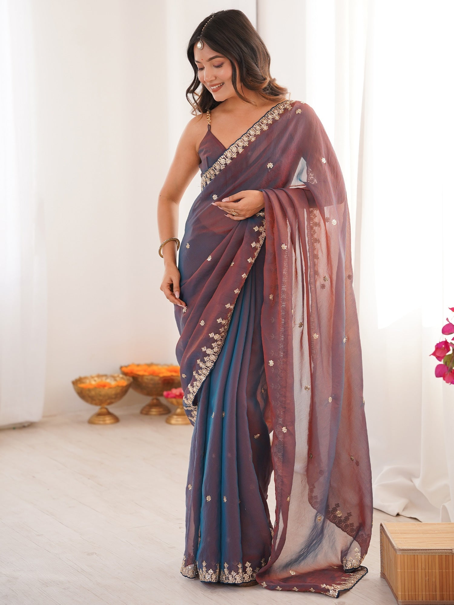 Dual Tone Chiffon Saree with Floral Embroidery - Ressa