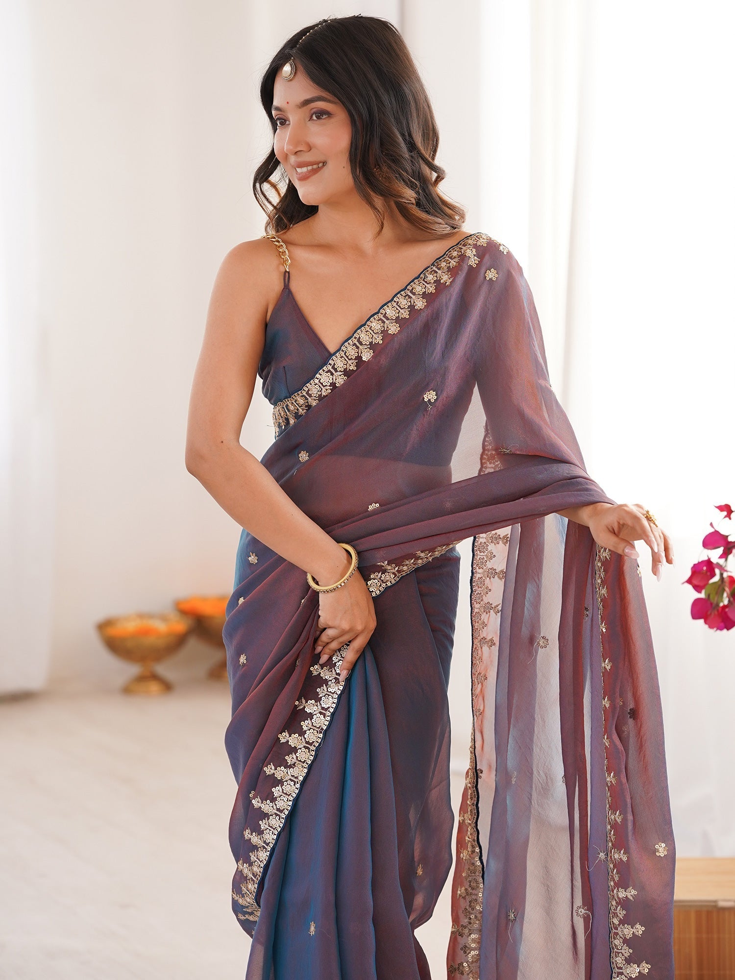 Dual Tone Chiffon Saree with Floral Embroidery - Ressa