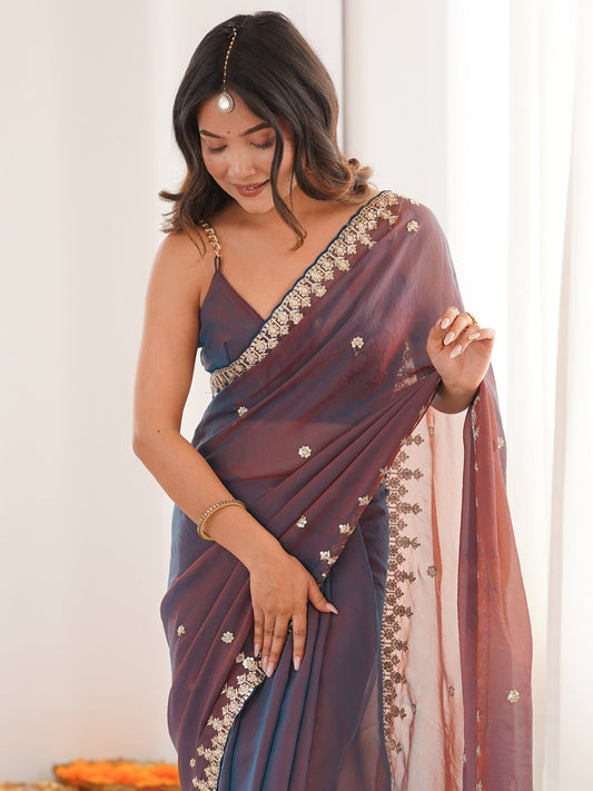 Dual Tone Chiffon Saree with Floral Embroidery - Ressa