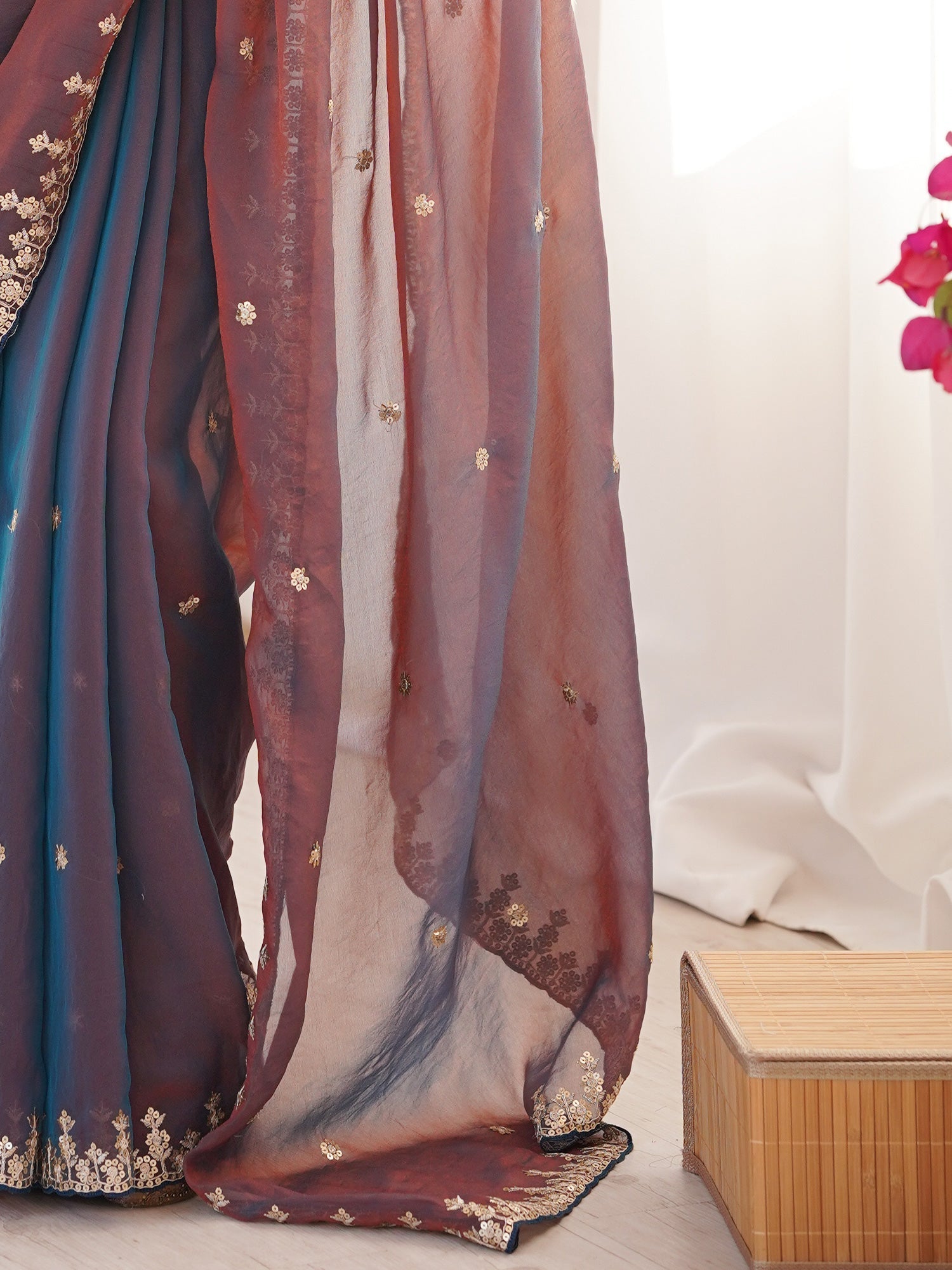 Dual Tone Chiffon Saree with Floral Embroidery - Ressa