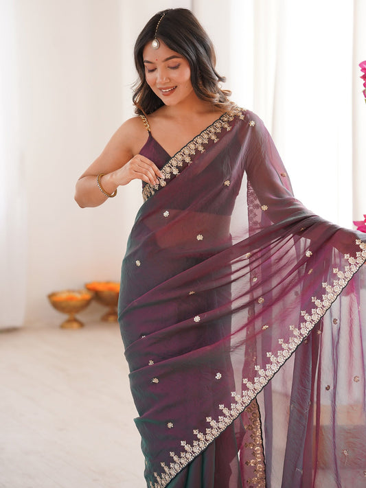 Dual-Tone Chiffon Saree with Zari Embroidery - Ressa