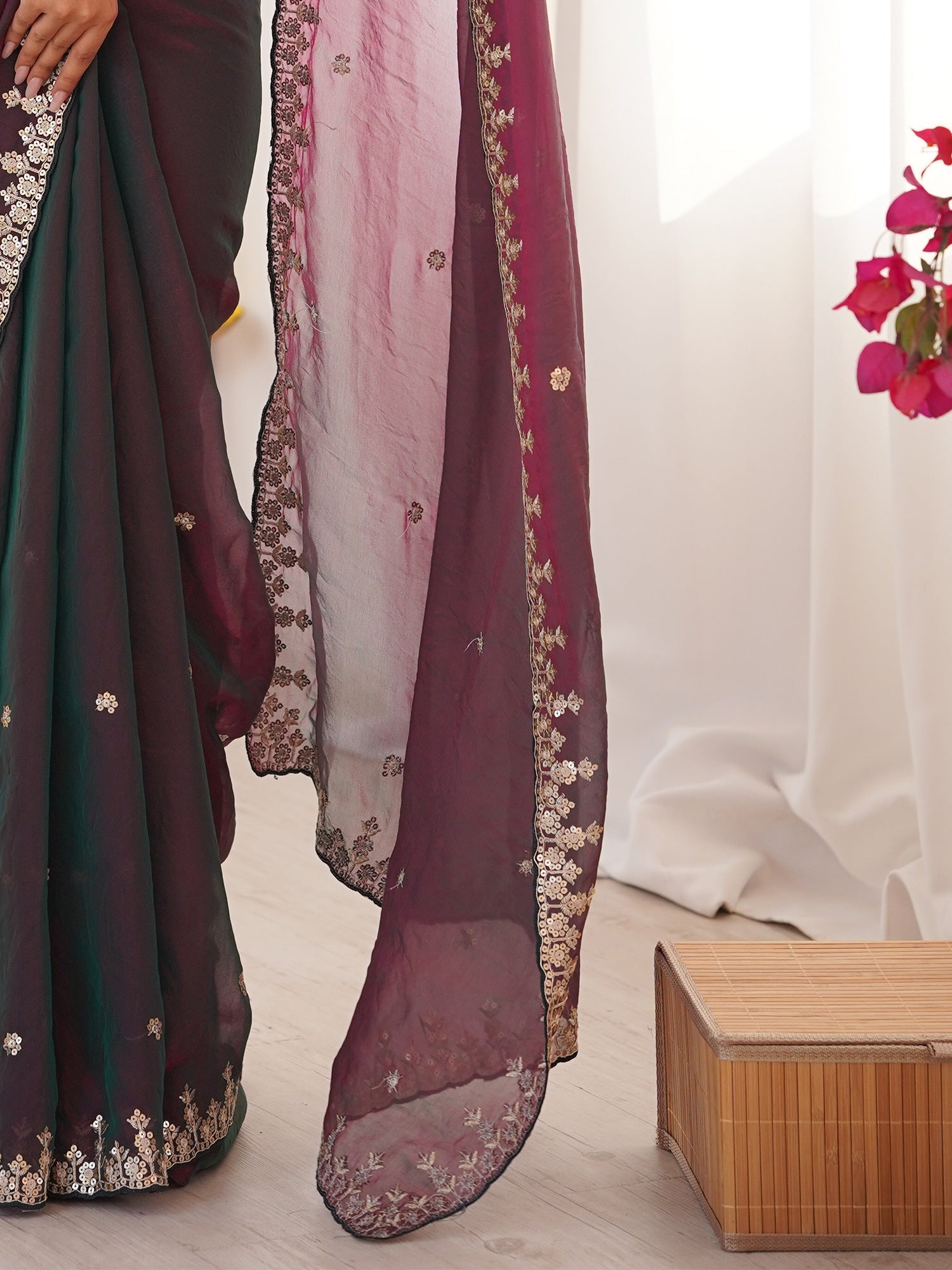 Dual-Tone Chiffon Saree with Zari Embroidery - Ressa