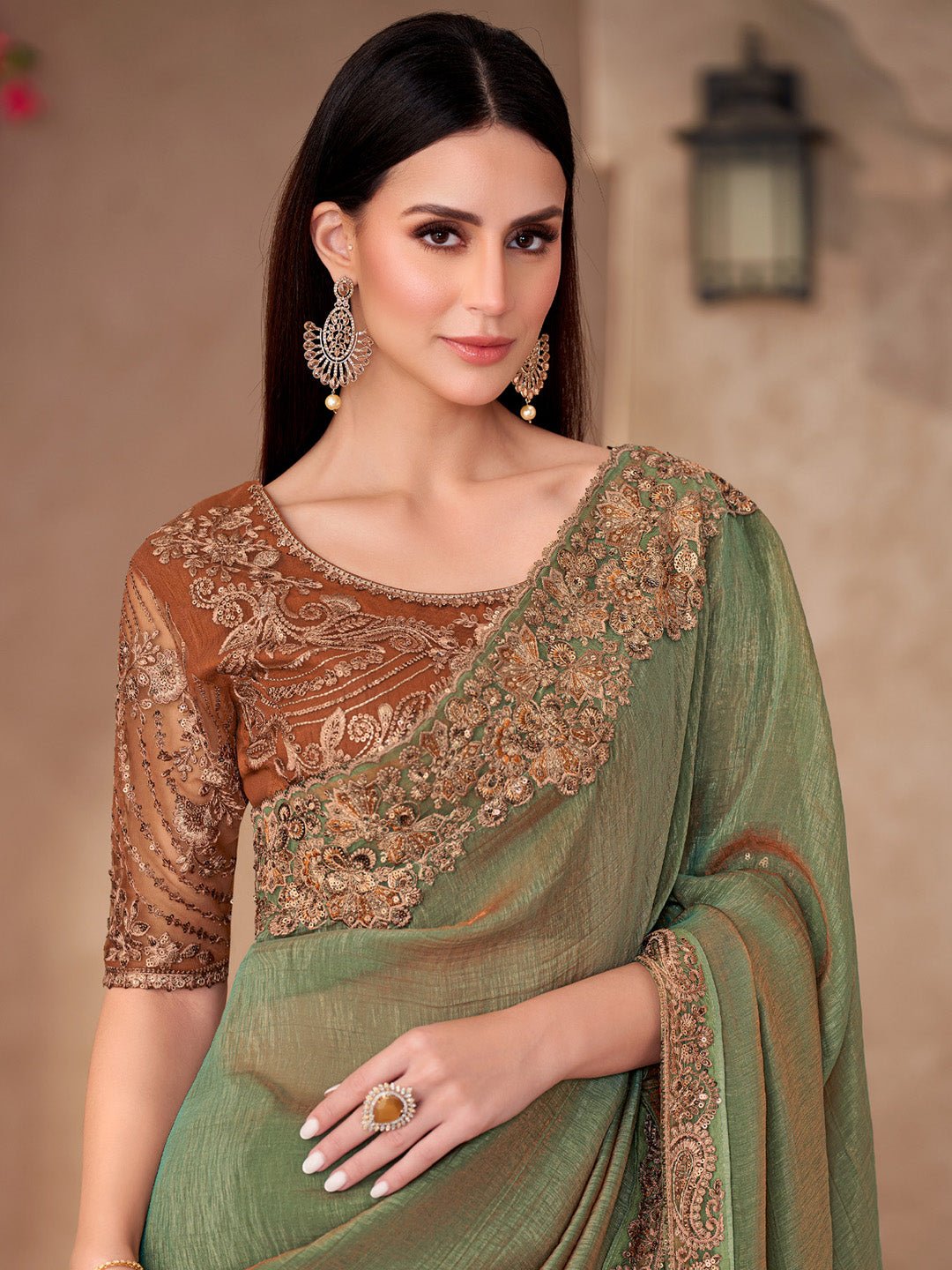 Dual tone Green Georgette Embellished Saree - Ressa