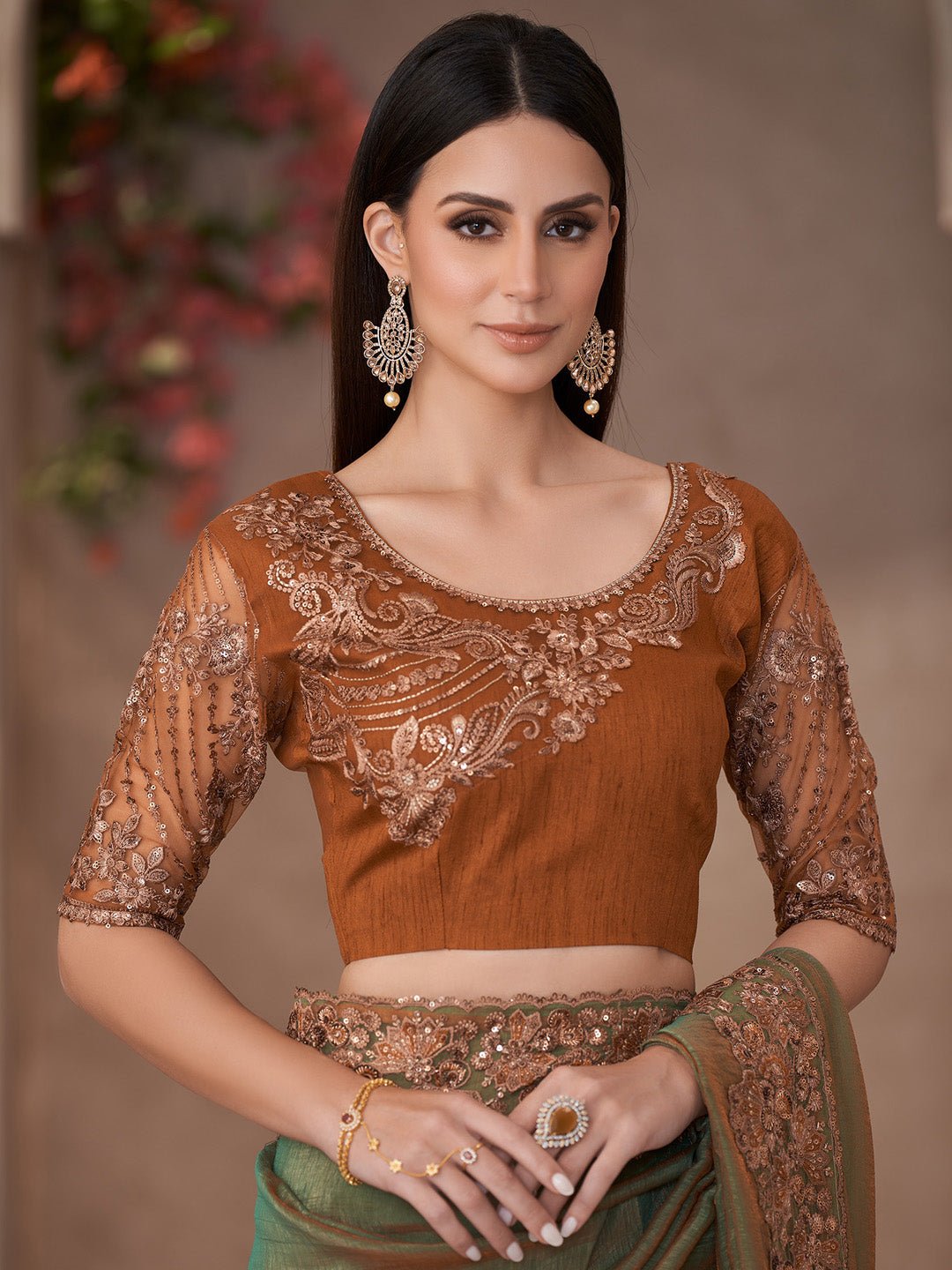 Dual tone Green Georgette Embellished Saree - Ressa