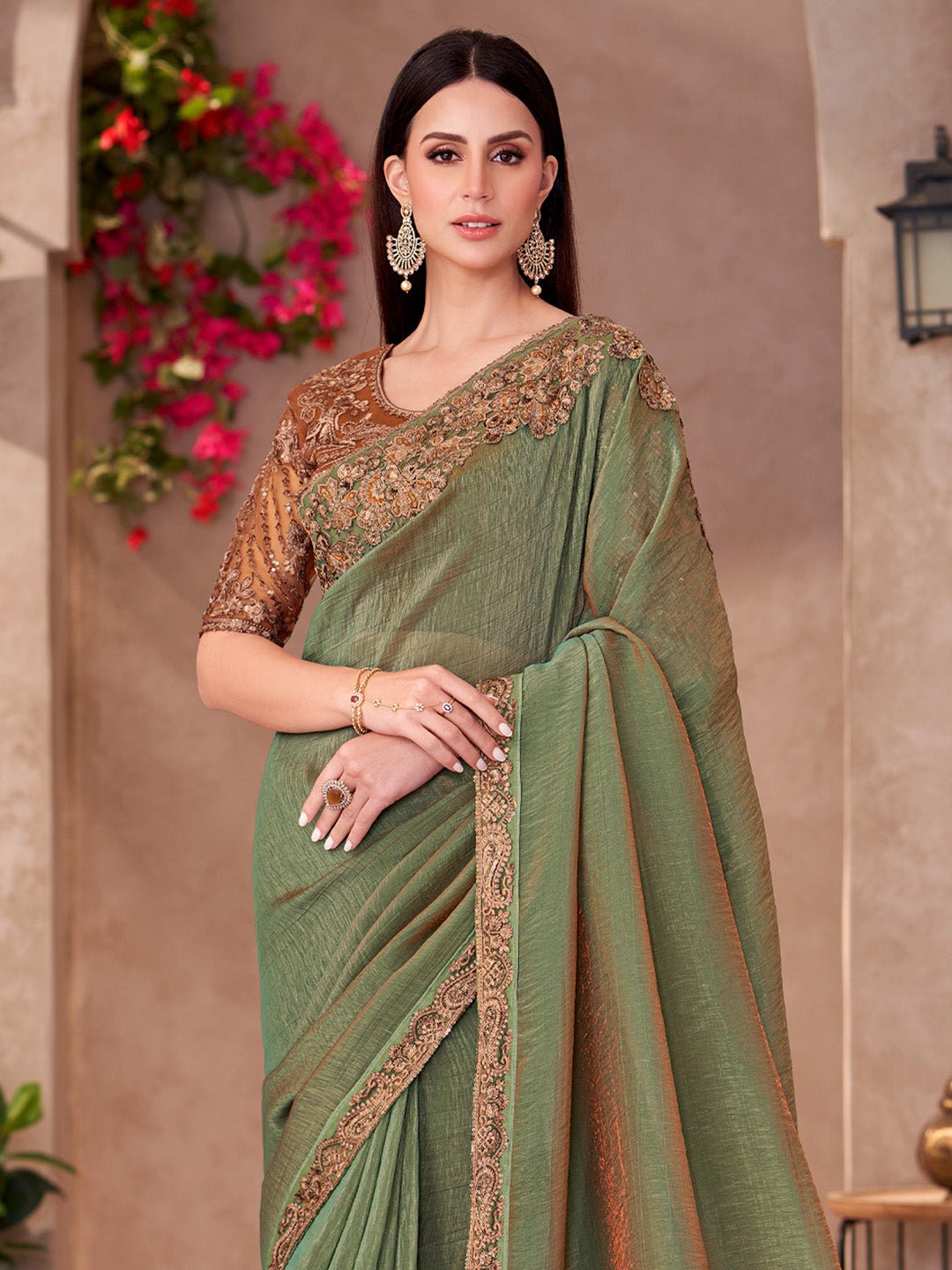 Dual tone Green Georgette Embellished Saree - Ressa