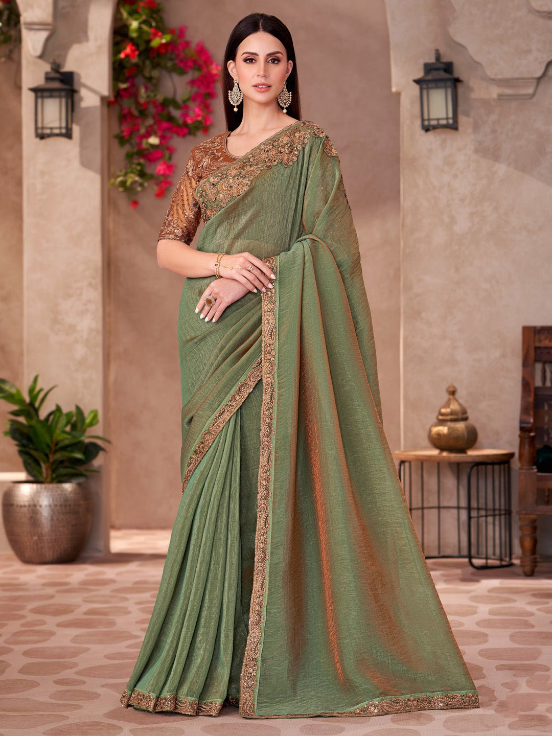 Dual tone Green Georgette Embellished Saree - Ressa