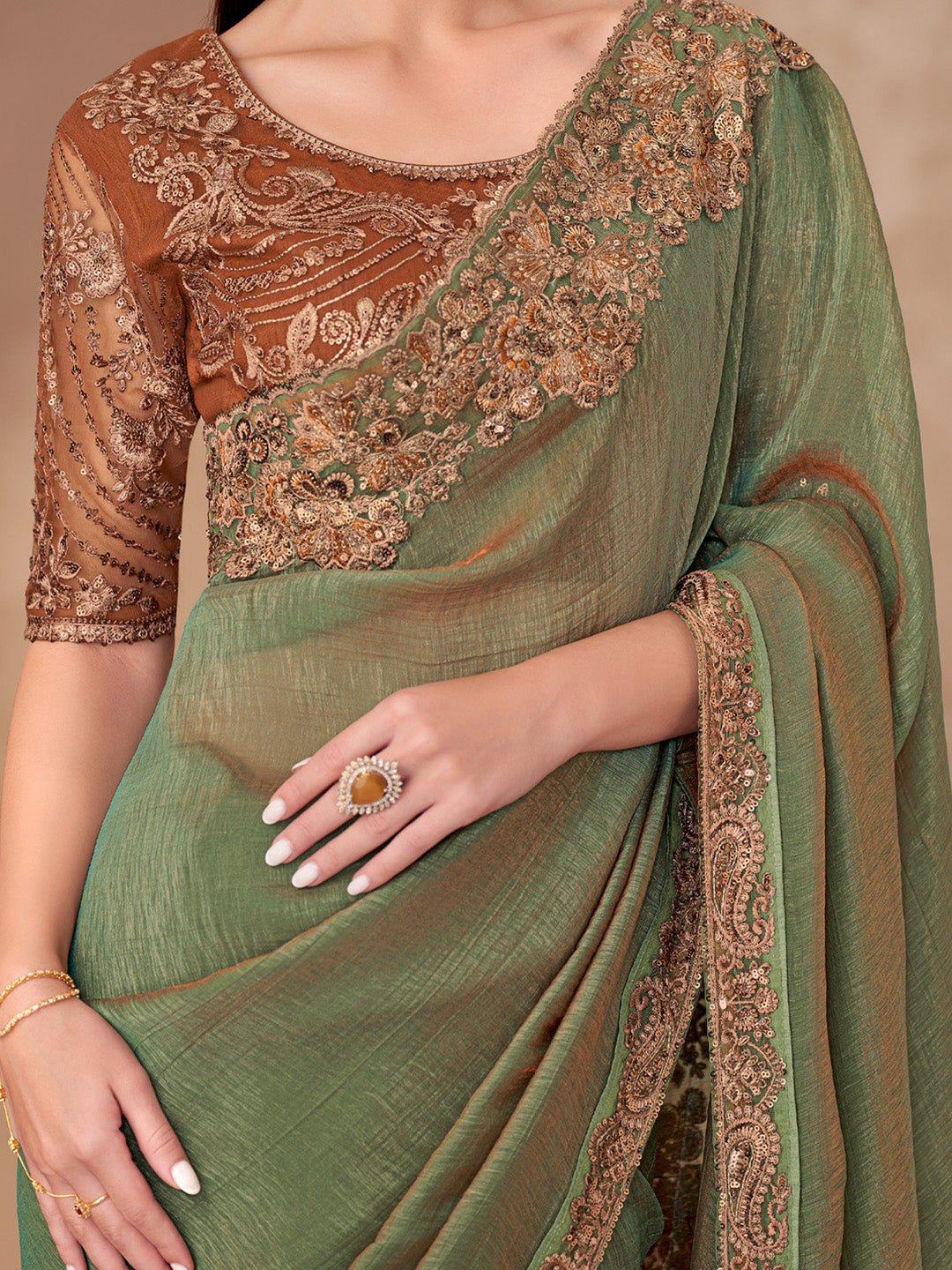 Dual tone Green Georgette Embellished Saree - Ressa