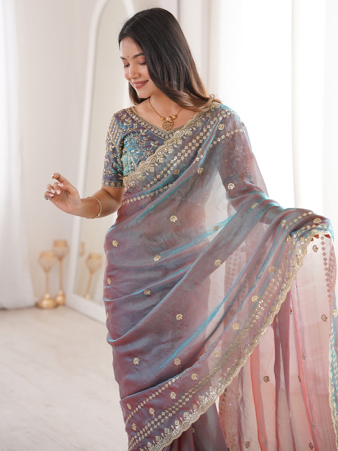 Dual-Tone Mauve Satin Emblished Party Wear Saree - Ressa