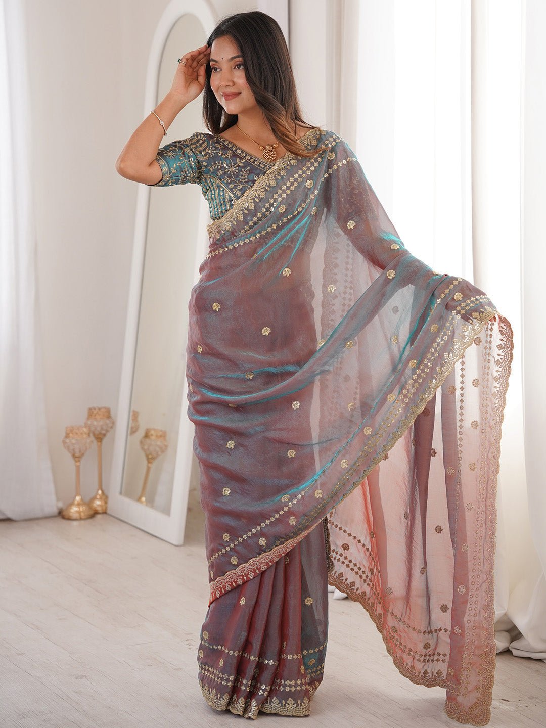 Dual-Tone Mauve Satin Emblished Party Wear Saree - Ressa