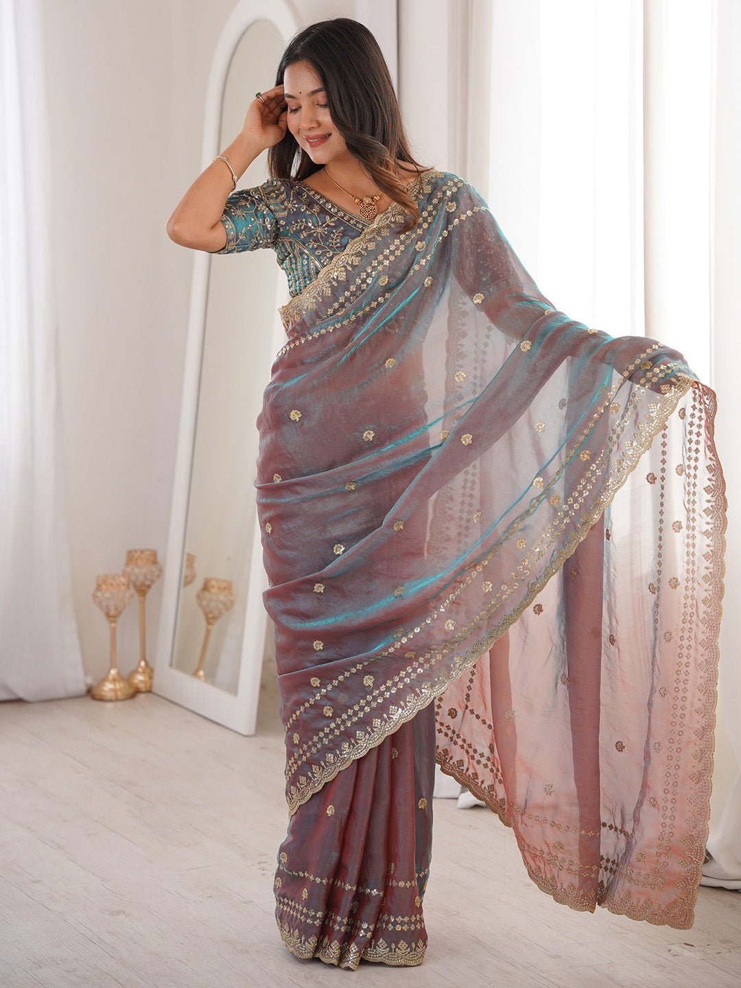 Dual-Tone Mauve Satin Emblished Party Wear Saree - Ressa
