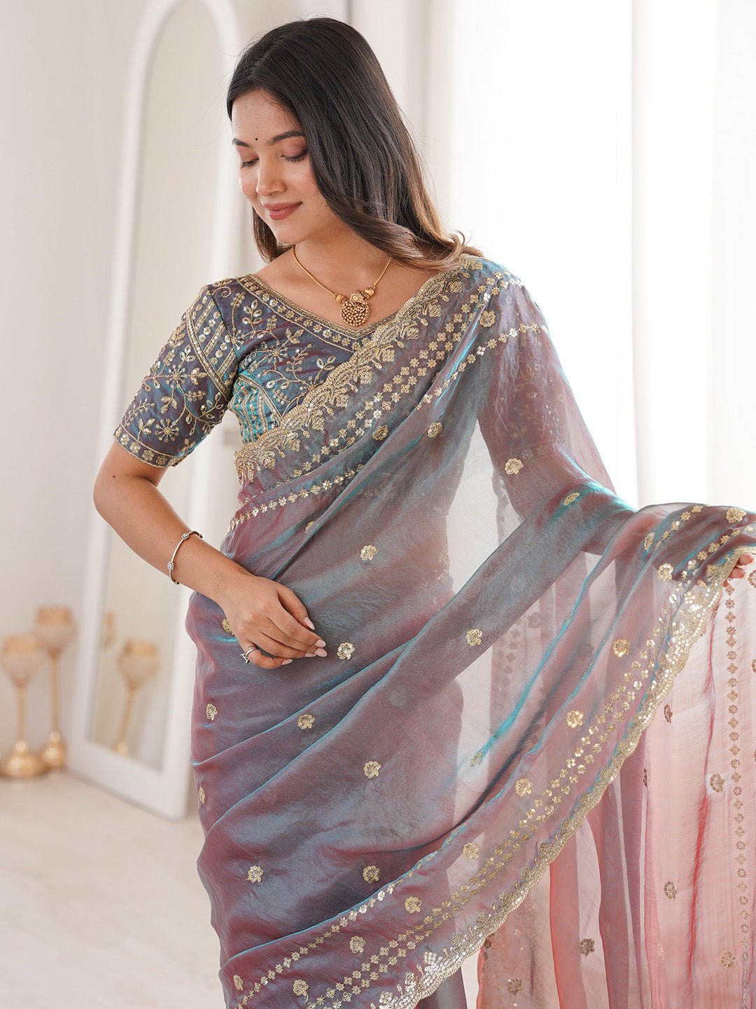Dual-Tone Mauve Satin Emblished Party Wear Saree - Ressa