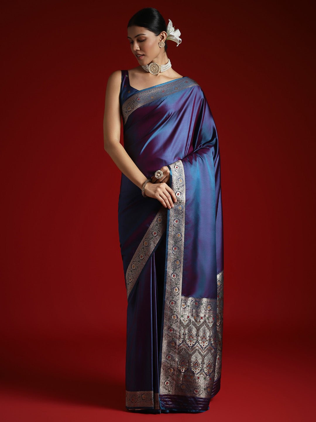 Dual Tone Navy Blue & Purple Pure Silk Saree - Ressa