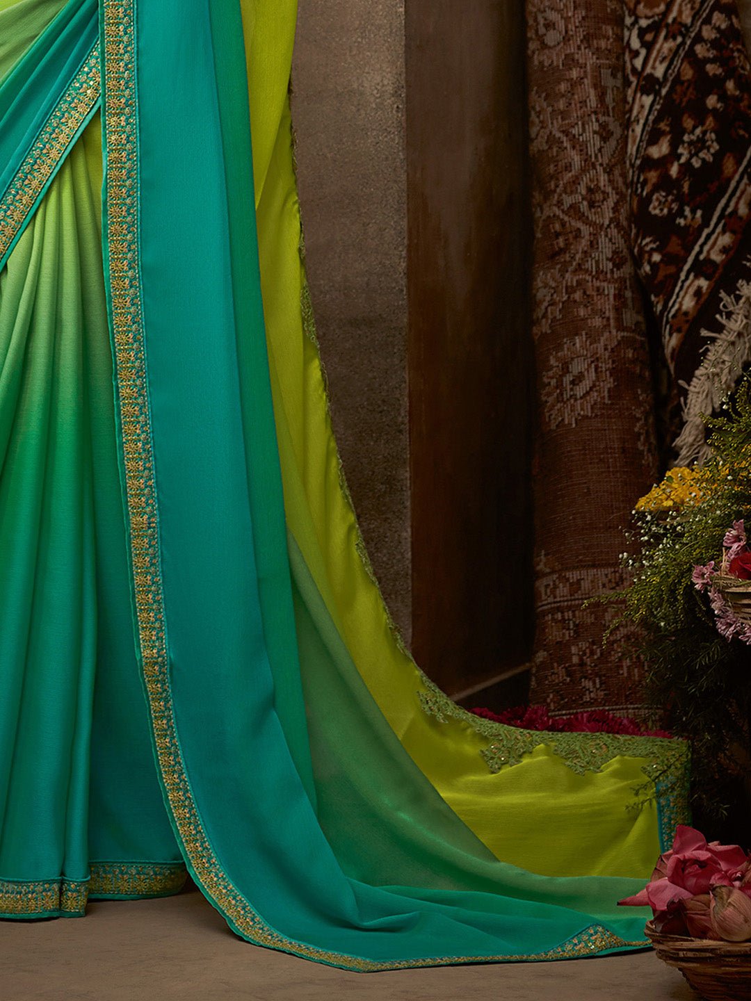Dual-Tone Ombre Georgette Saree with Cut-Work Embroidery - Ressa