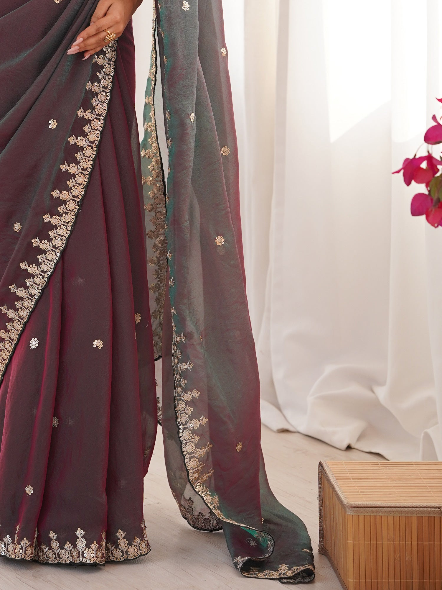 Dual-Tone Organza Saree with Zari Embroidery - Ressa