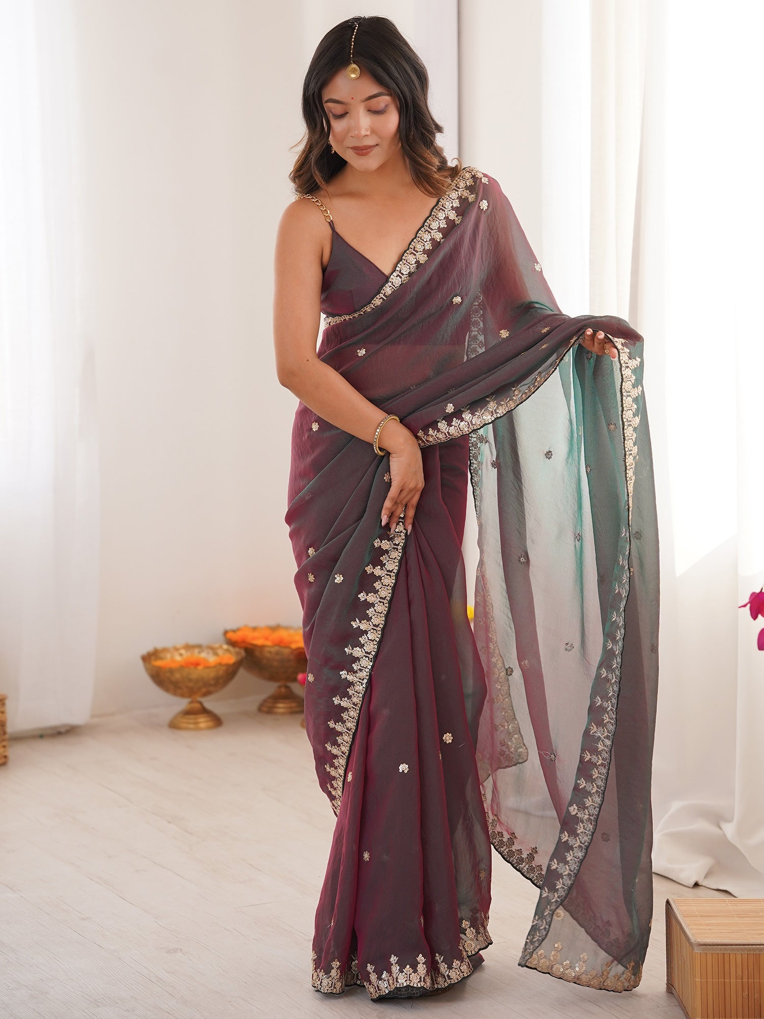 Dual-Tone Organza Saree with Zari Embroidery - Ressa