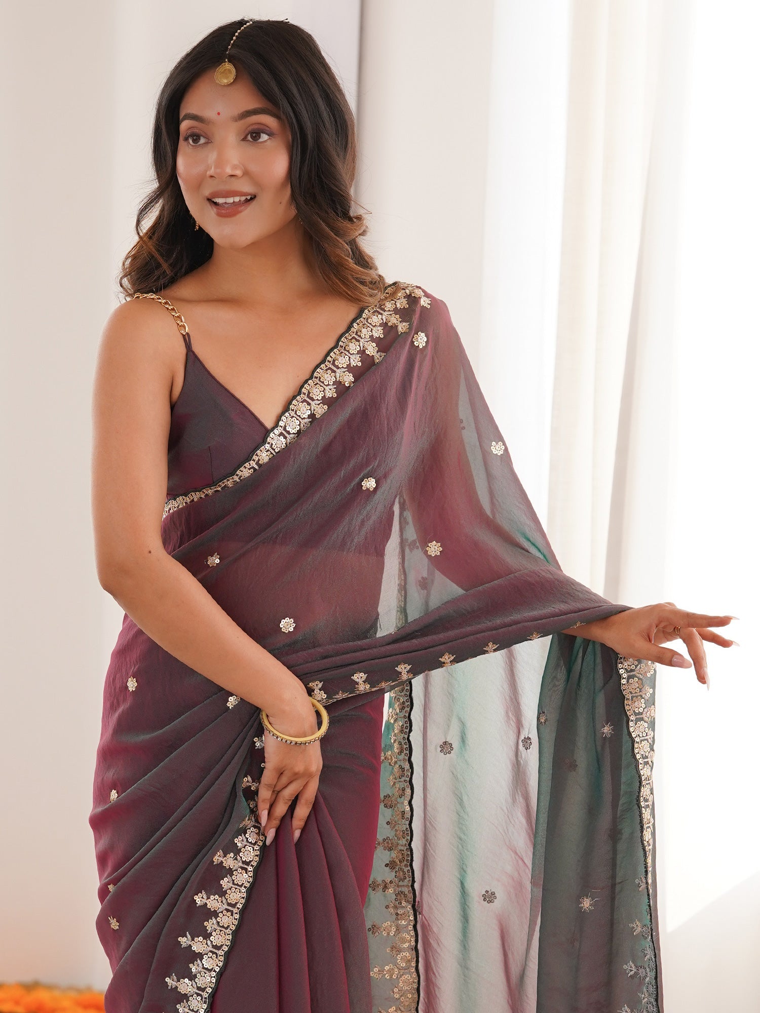 Dual-Tone Organza Saree with Zari Embroidery - Ressa