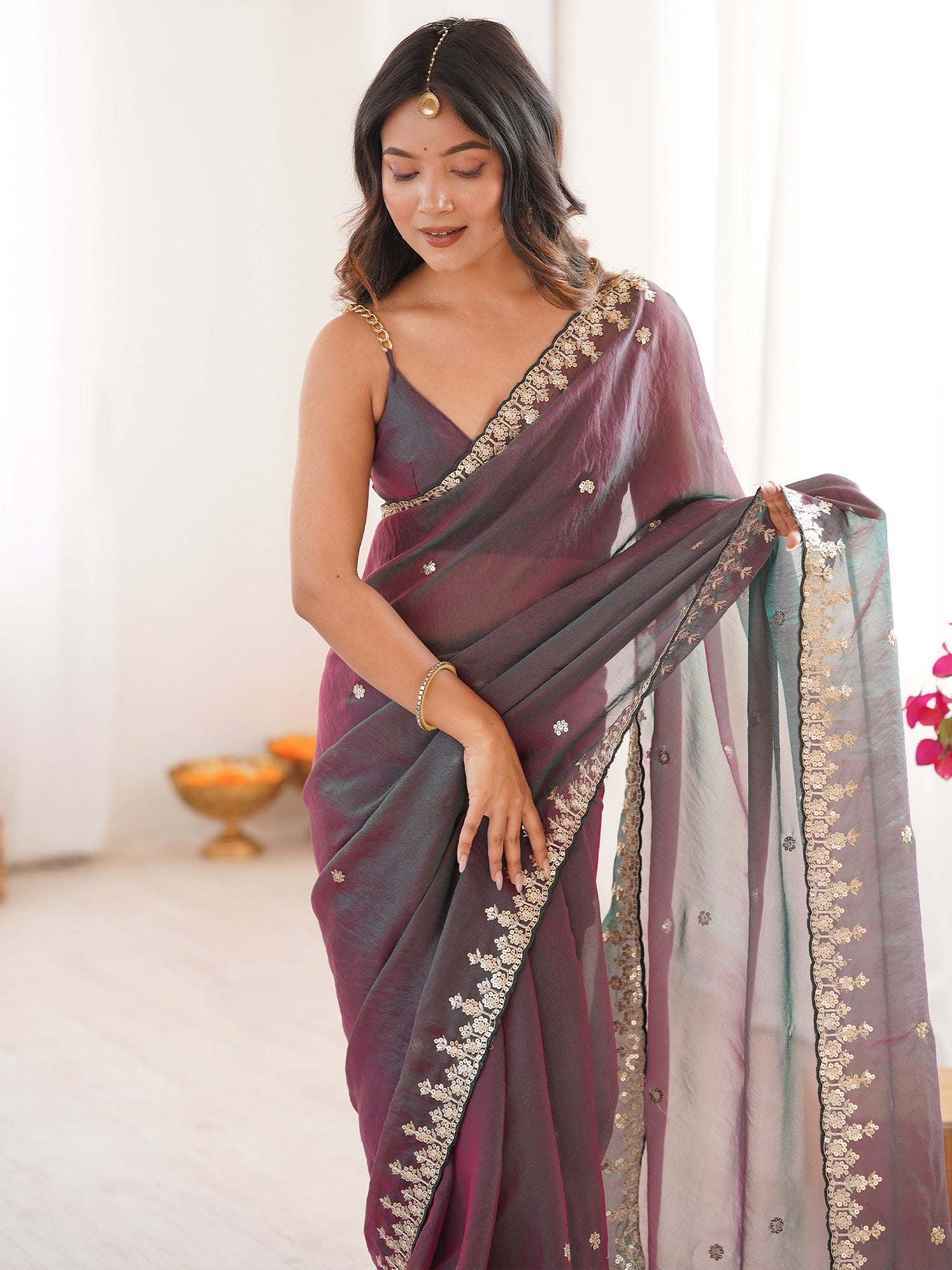 Dual-Tone Organza Saree with Zari Embroidery - Ressa