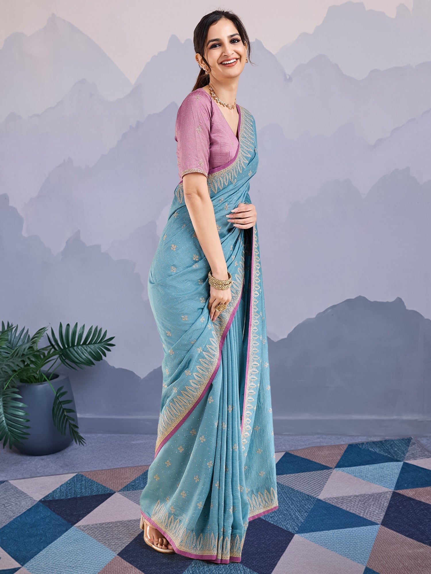Dusty Blue Vichitra Silk Saree - Ressa