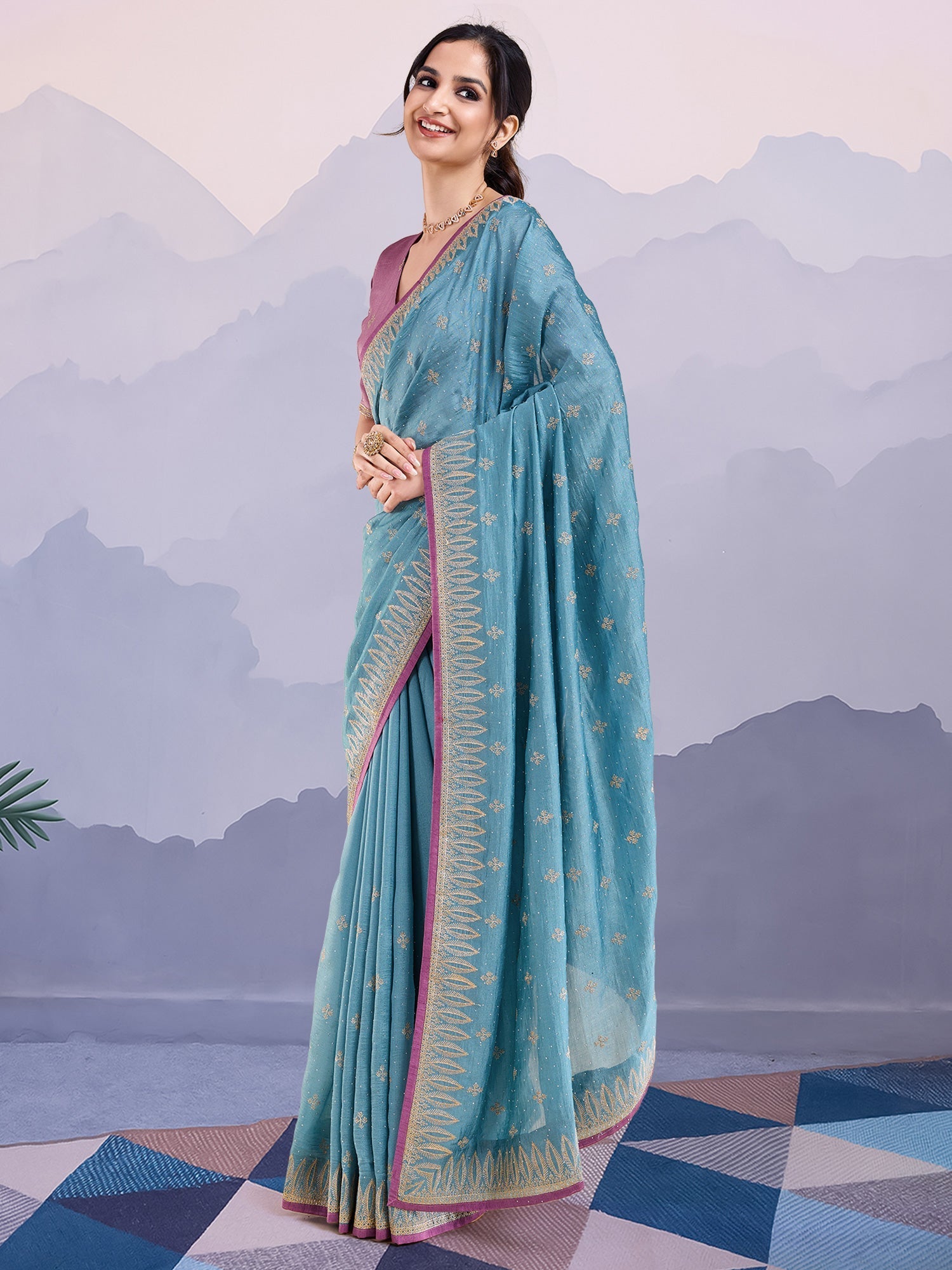 Dusty Blue Vichitra Silk Saree - Ressa