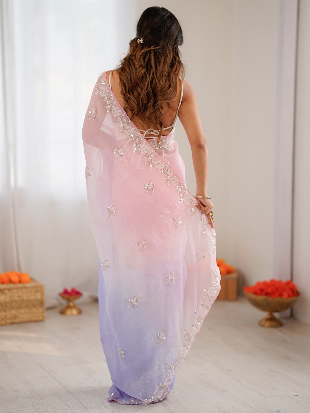 Dusty Lavender &amp; Pink Polyester Ombre Dyed Saree Embroidered Border - Ressa