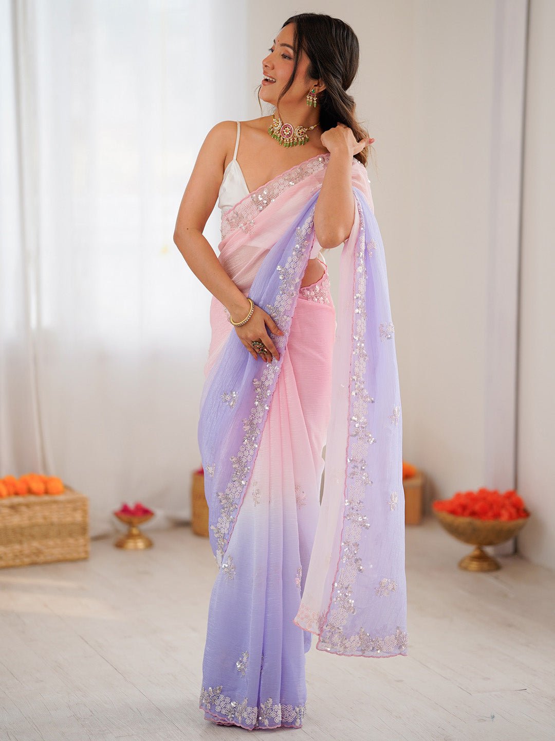 Dusty Lavender &amp; Pink Polyester Ombre Dyed Saree Embroidered Border - Ressa