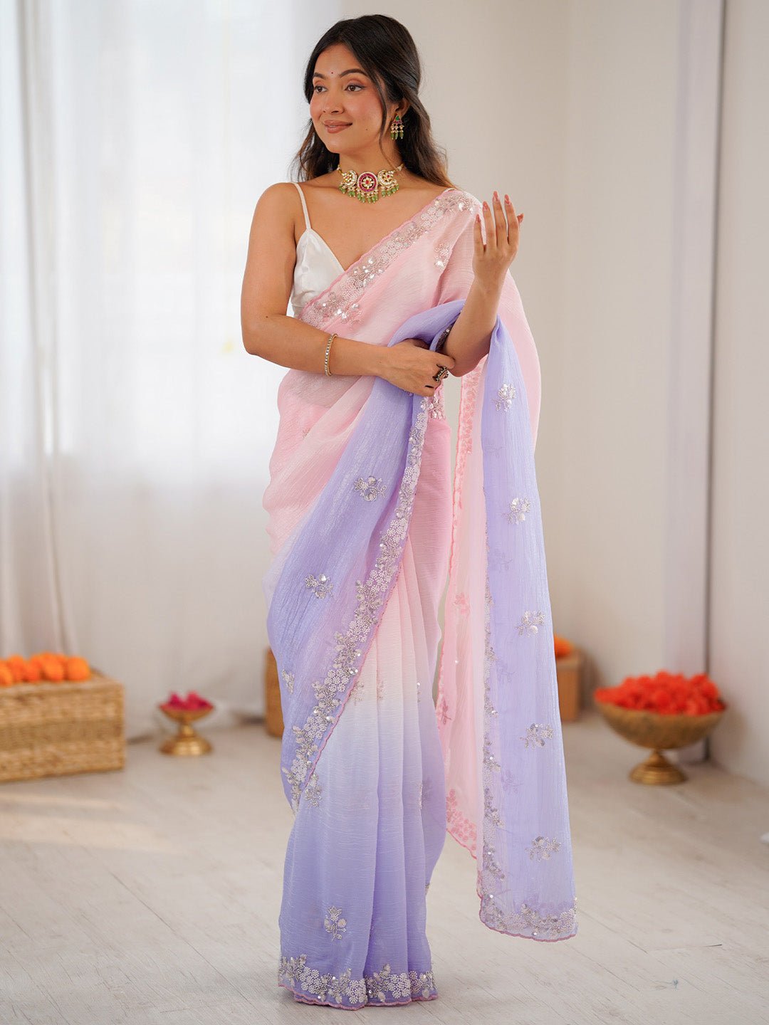 Dusty Lavender &amp; Pink Polyester Ombre Dyed Saree Embroidered Border - Ressa