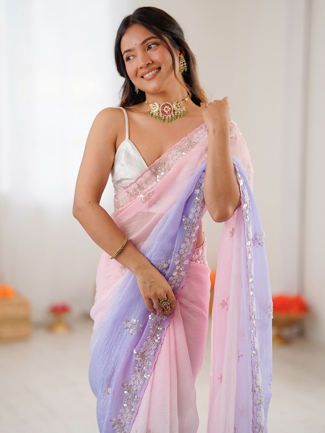Dusty Lavender &amp; Pink Polyester Ombre Dyed Saree Embroidered Border - Ressa