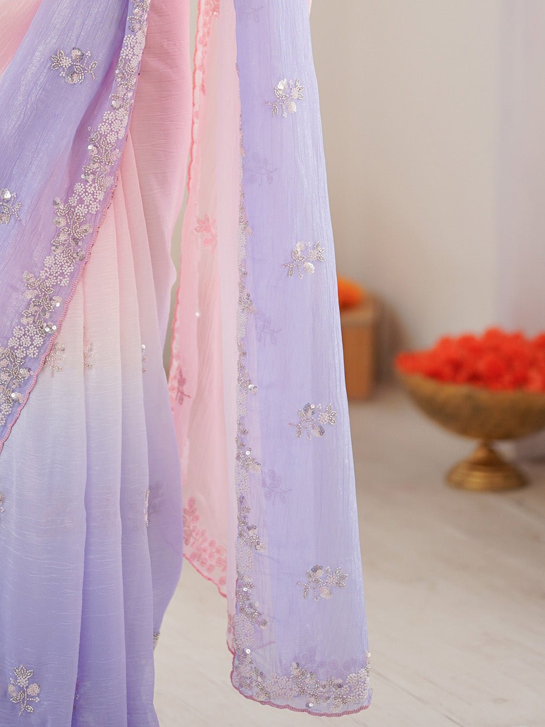 Dusty Lavender &amp; Pink Polyester Ombre Dyed Saree Embroidered Border - Ressa