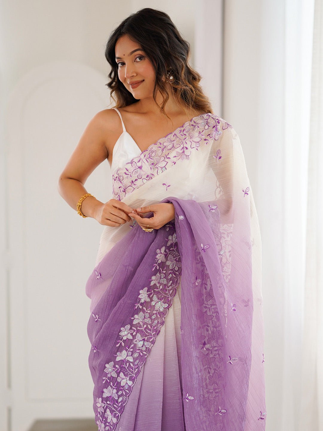 Dusty Lavender & Off-White Polyester Embroidered Saree - Ressa