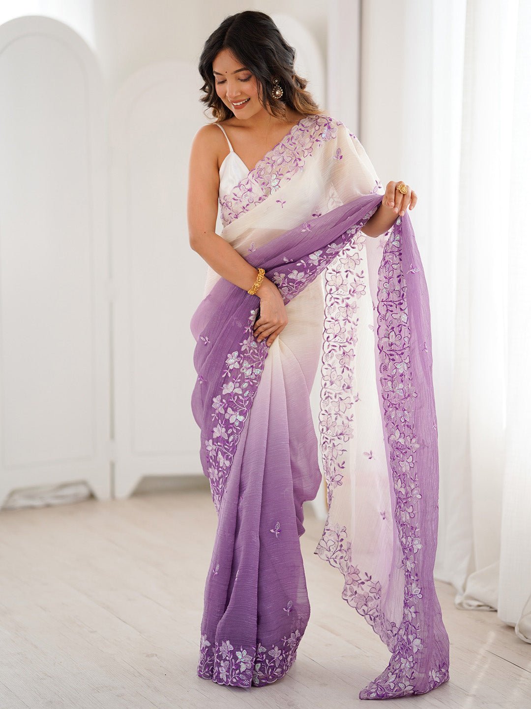 Dusty Lavender & Off-White Polyester Embroidered Saree - Ressa