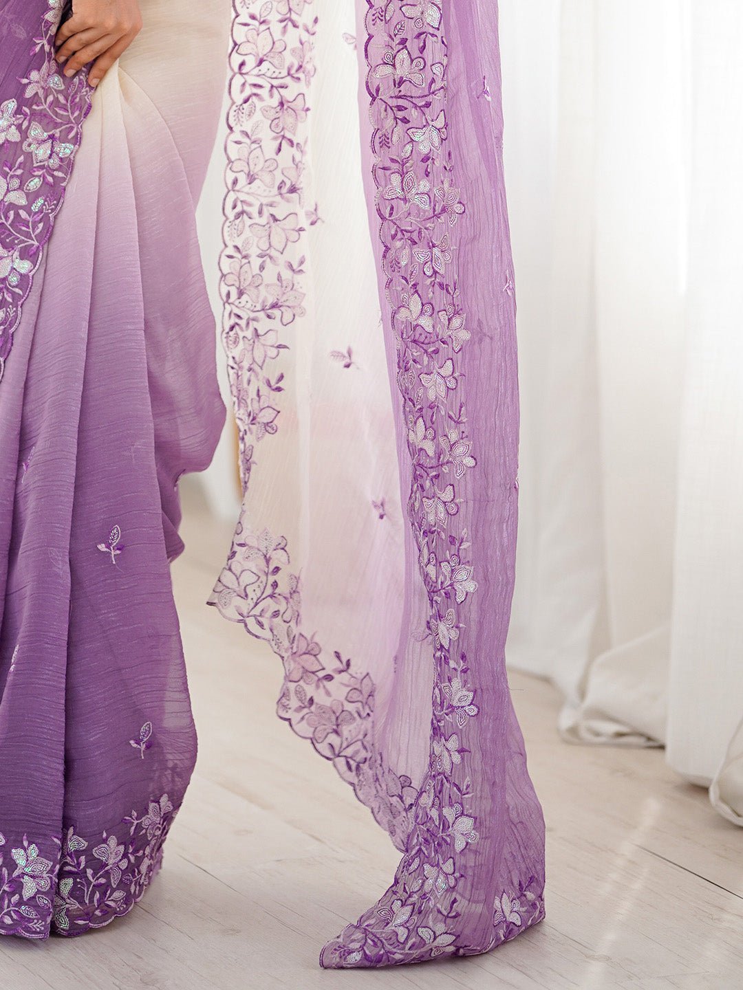 Dusty Lavender & Off-White Polyester Embroidered Saree - Ressa