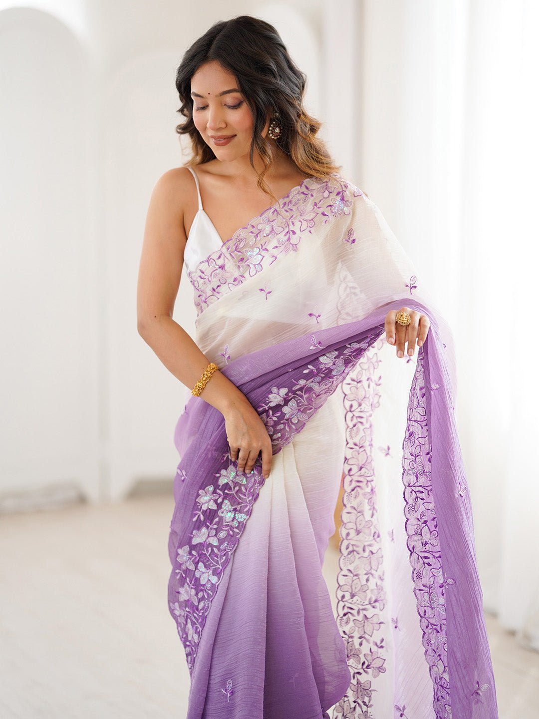 Dusty Lavender & Off-White Polyester Embroidered Saree - Ressa