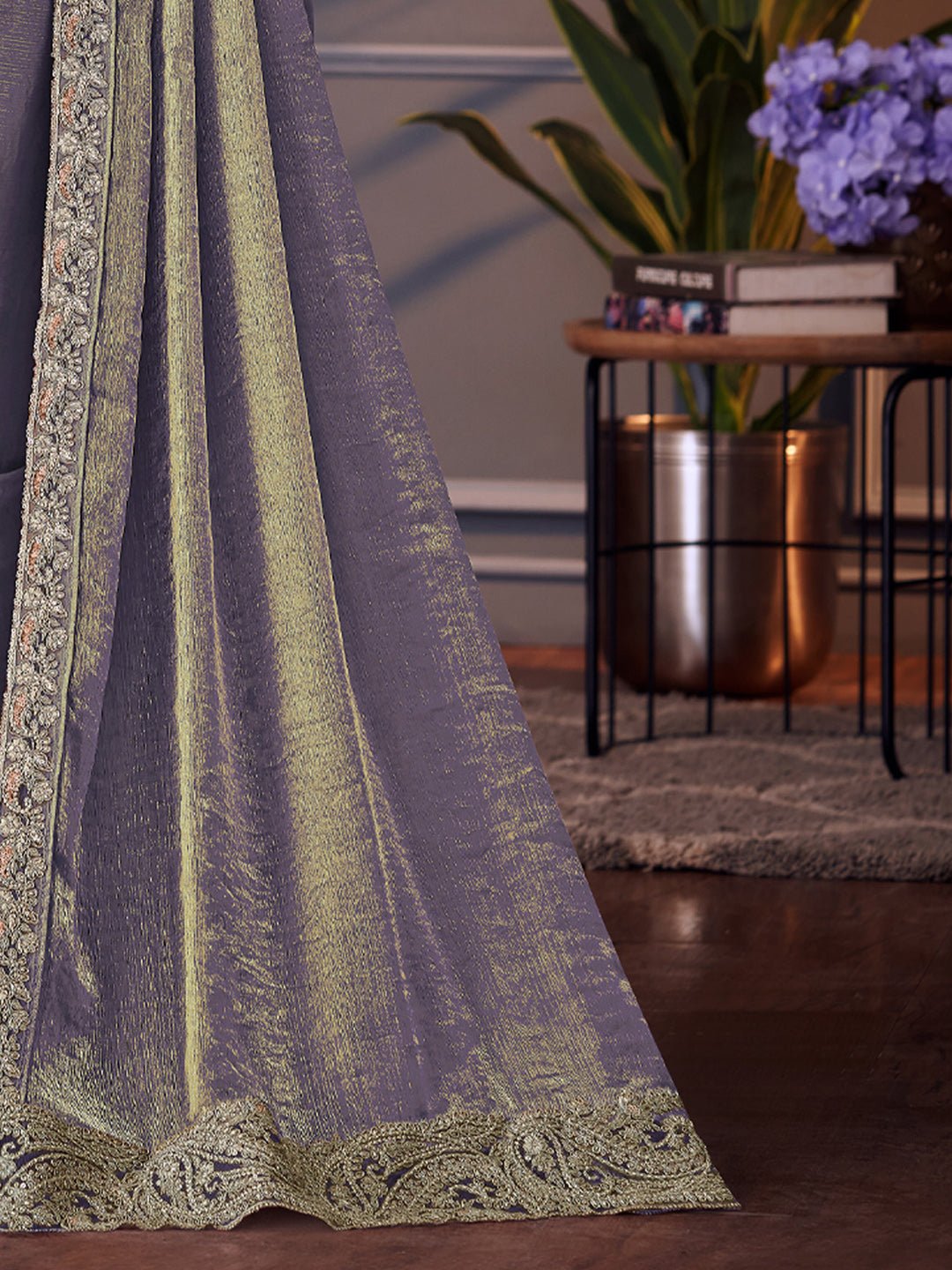 Dusty Lavender Polyester Embroidered Border Saree - Ressa