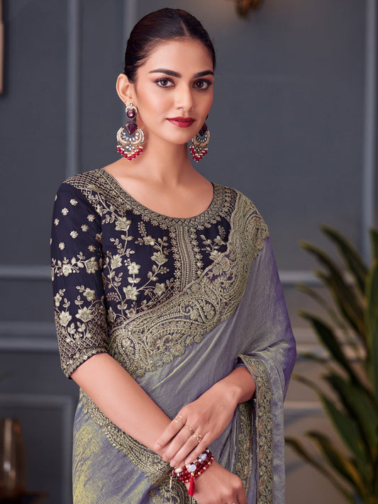 Dusty Lavender Polyester Embroidered Border Saree - Ressa