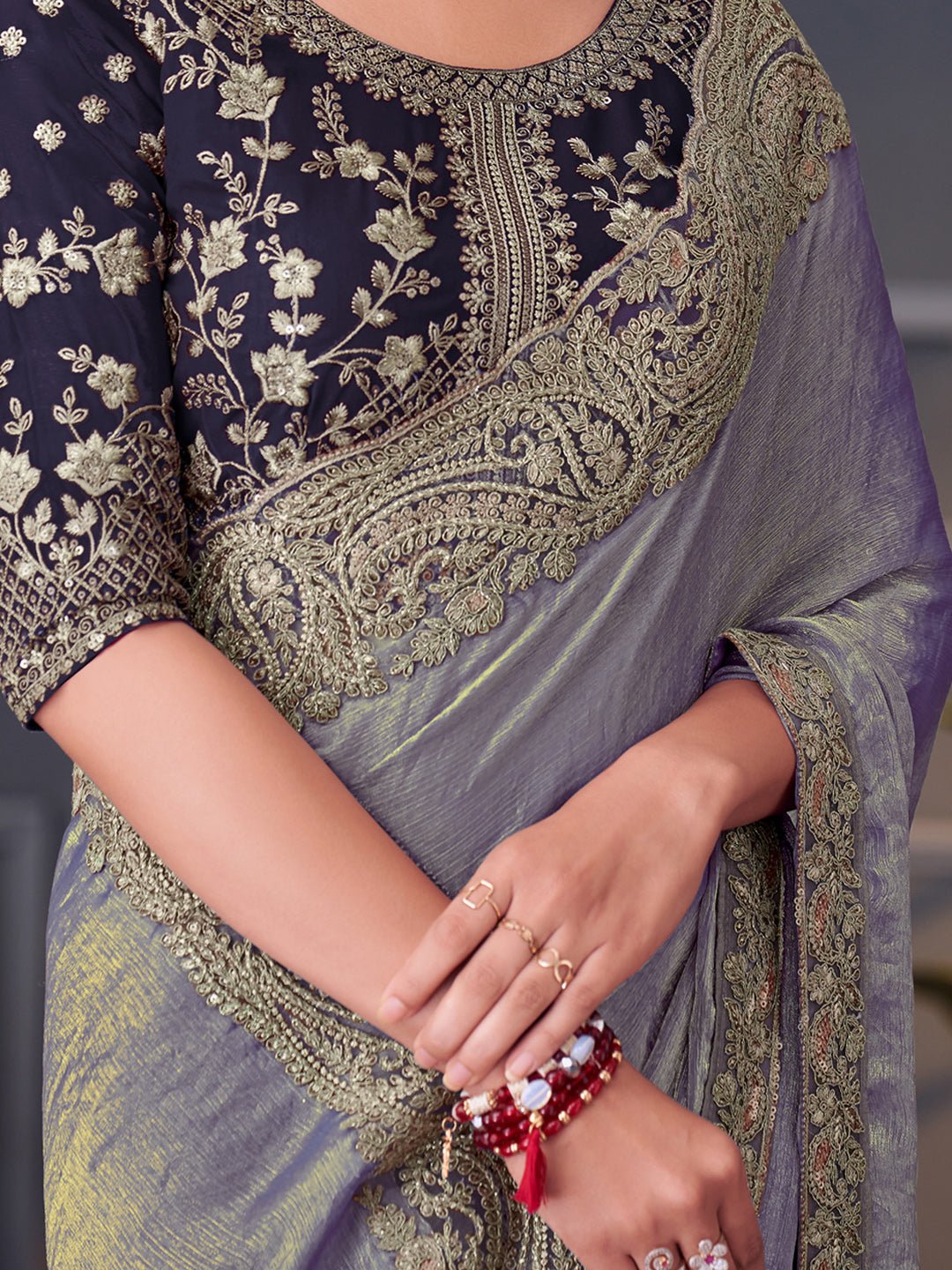 Dusty Lavender Polyester Embroidered Border Saree - Ressa