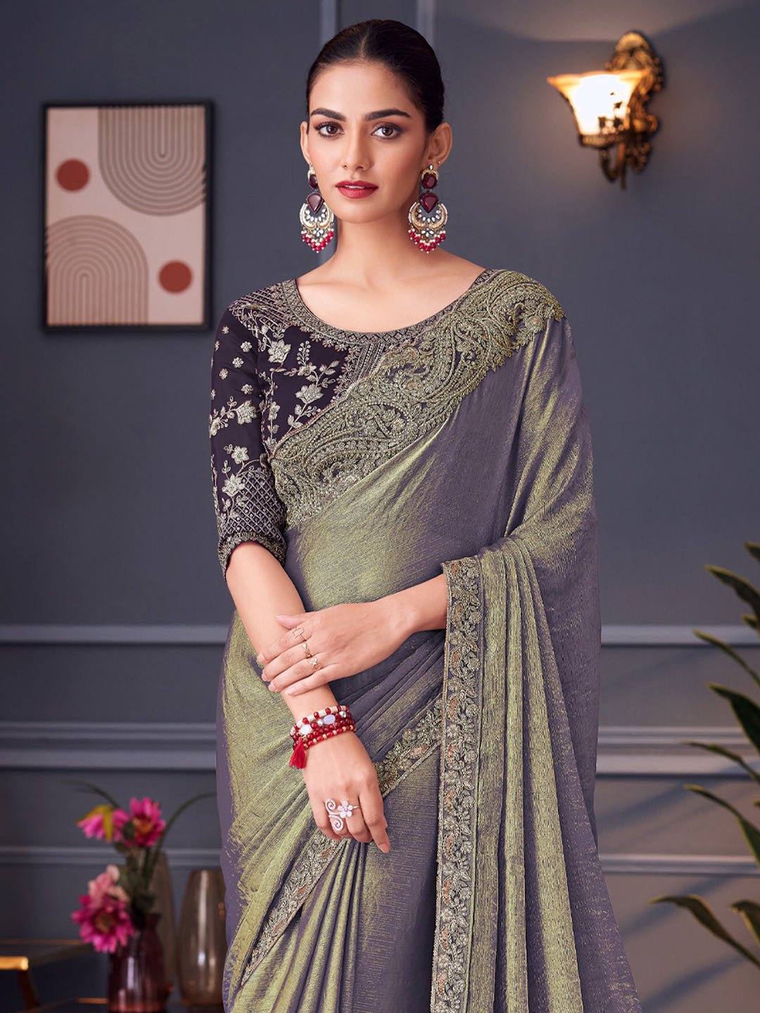 Dusty Lavender Polyester Embroidered Border Saree - Ressa