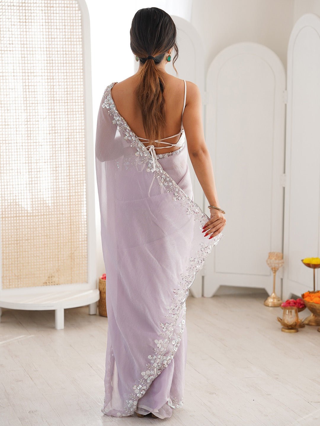 Dusty Lavender Polyester Metallic Sheen Embroidered Border saree - Ressa