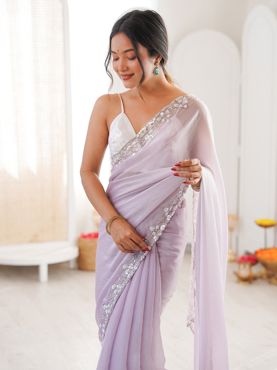 Dusty Lavender Polyester Metallic Sheen Embroidered Border saree - Ressa