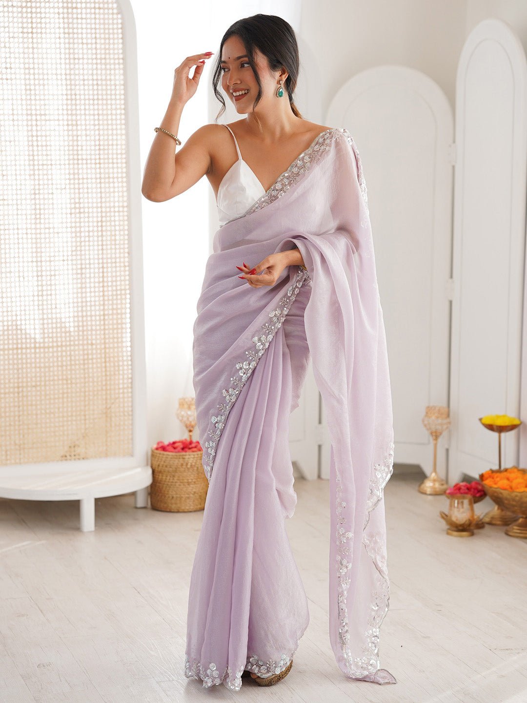 Dusty Lavender Polyester Metallic Sheen Embroidered Border saree - Ressa