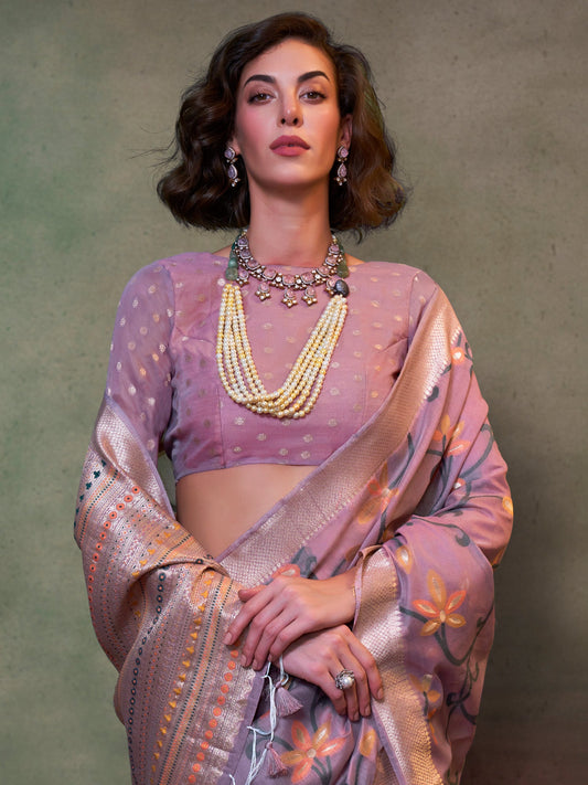 Dusty Lavender Silk Blend Heritage Banarasi Style Zari Woven saree - Ressa