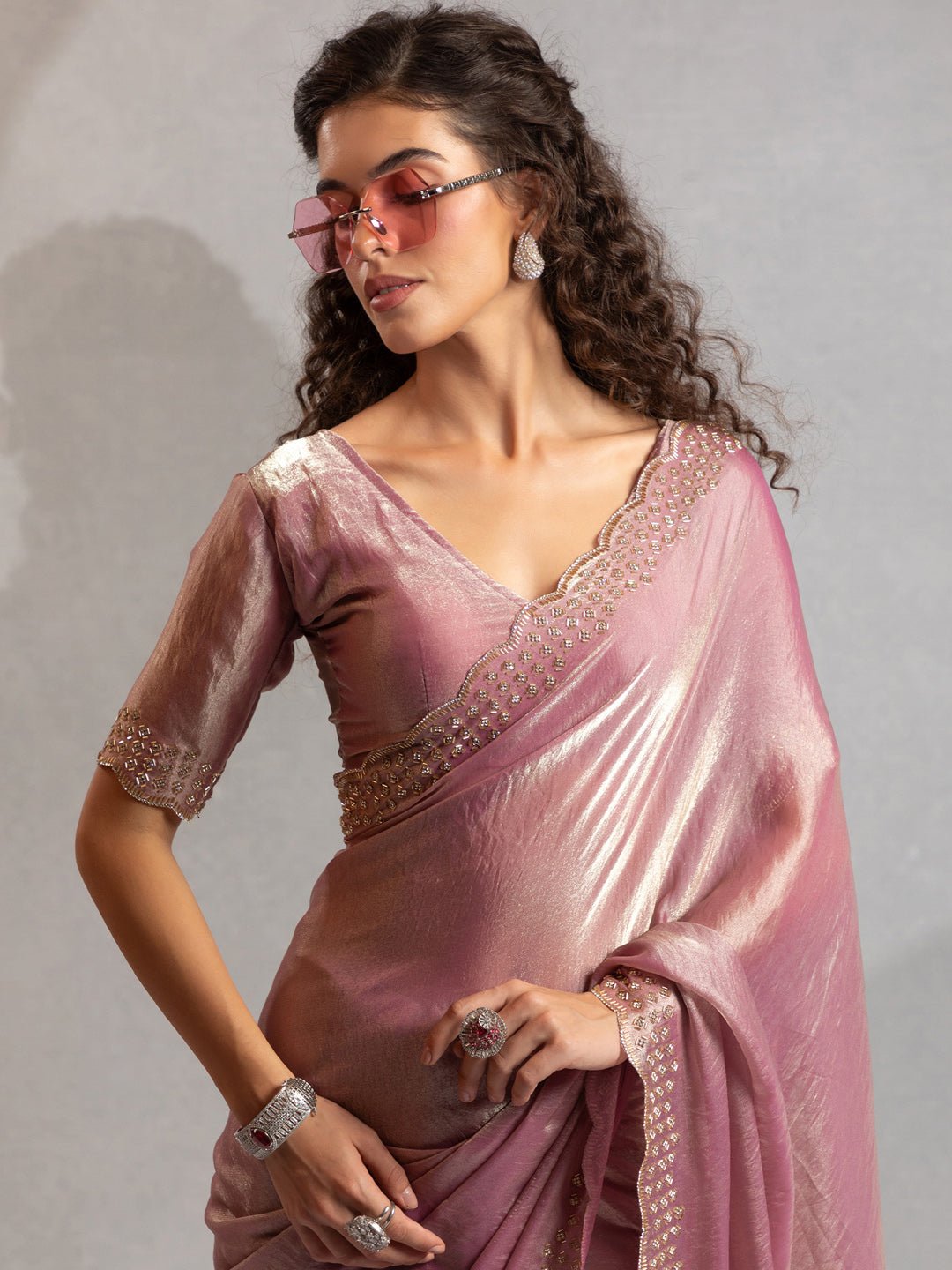 Dusty Lavender Tissue Silk Embroidered Border Modern Aesthetic Saree - Ressa