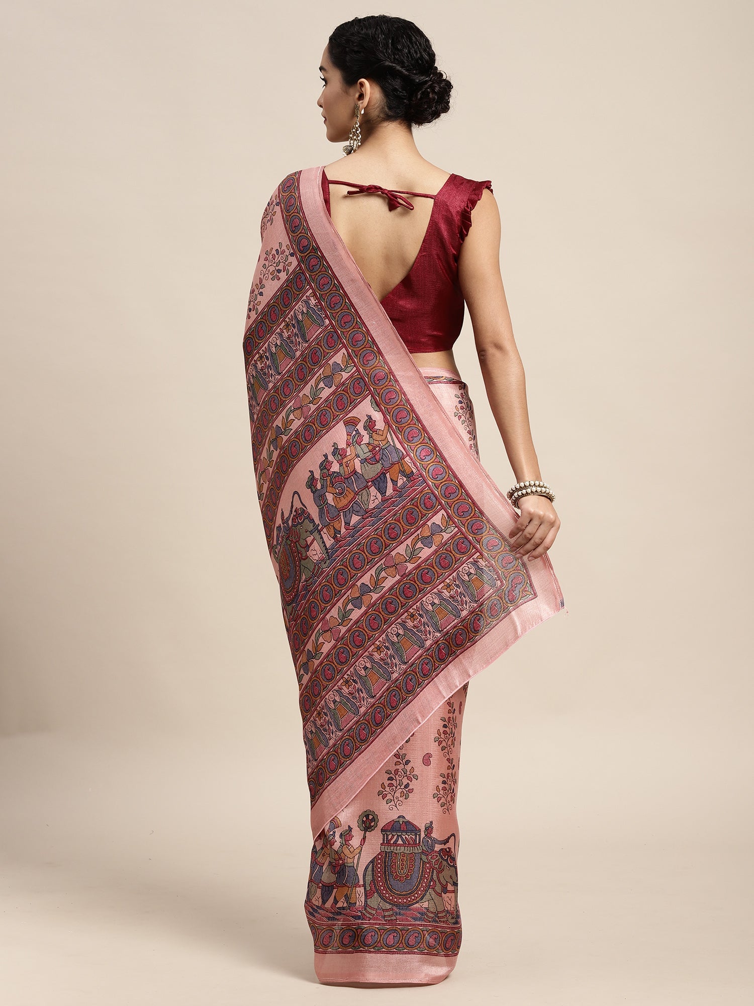 Dusty Pink Madhubani Print Silk Saree - Ressa