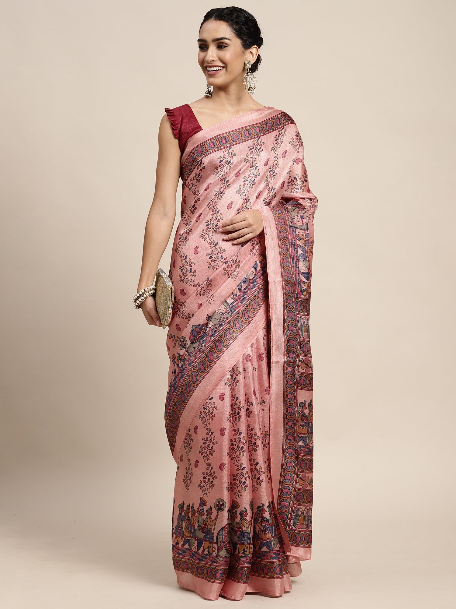Dusty Pink Madhubani Print Silk Saree - Ressa