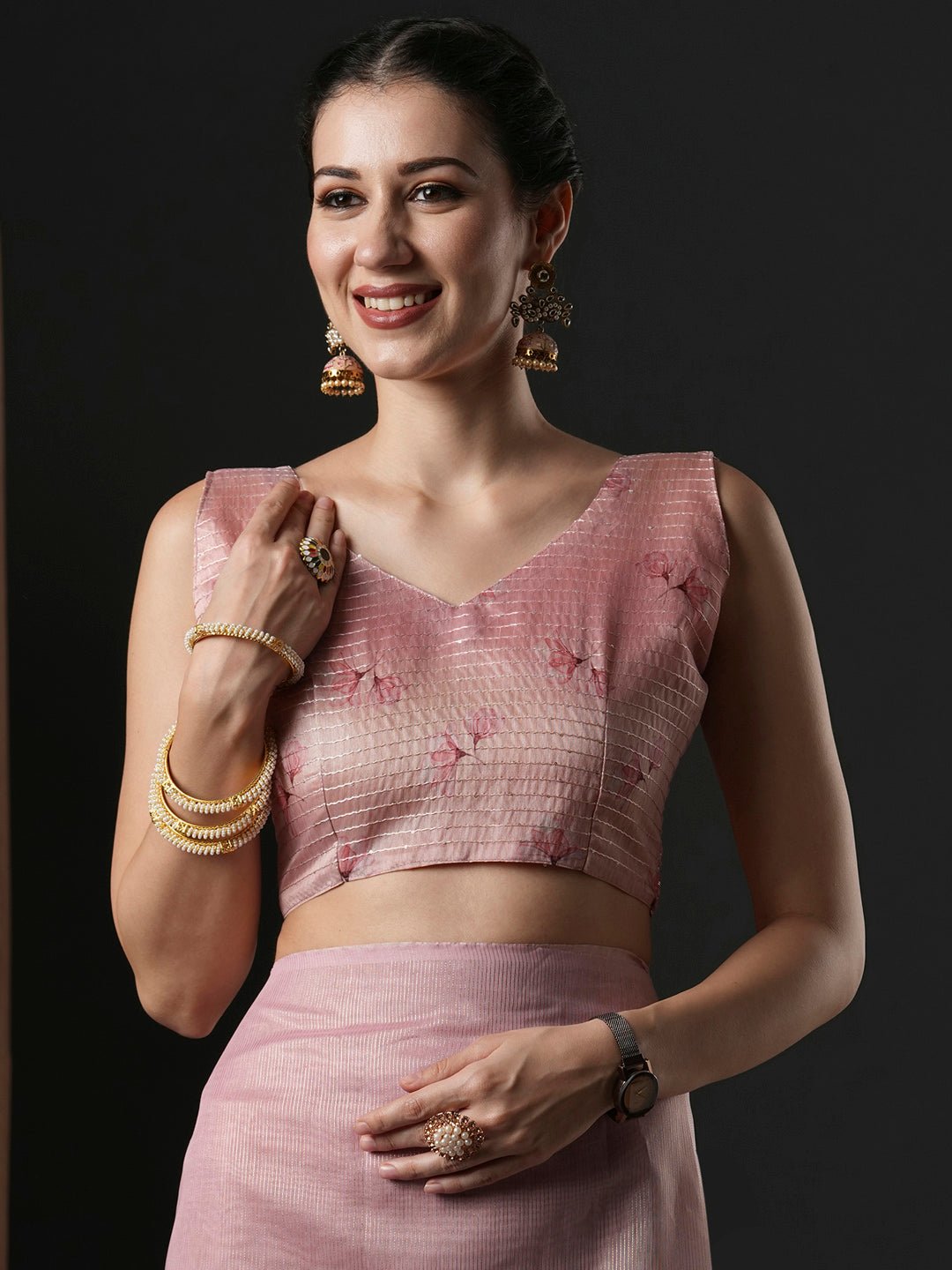 Dusty Pink Organza Saree with Watercolour Floral Print - Ressa