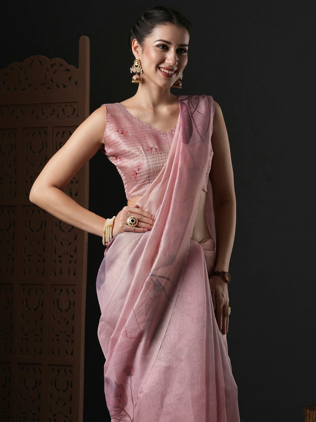 Dusty Pink Organza Saree with Watercolour Floral Print - Ressa
