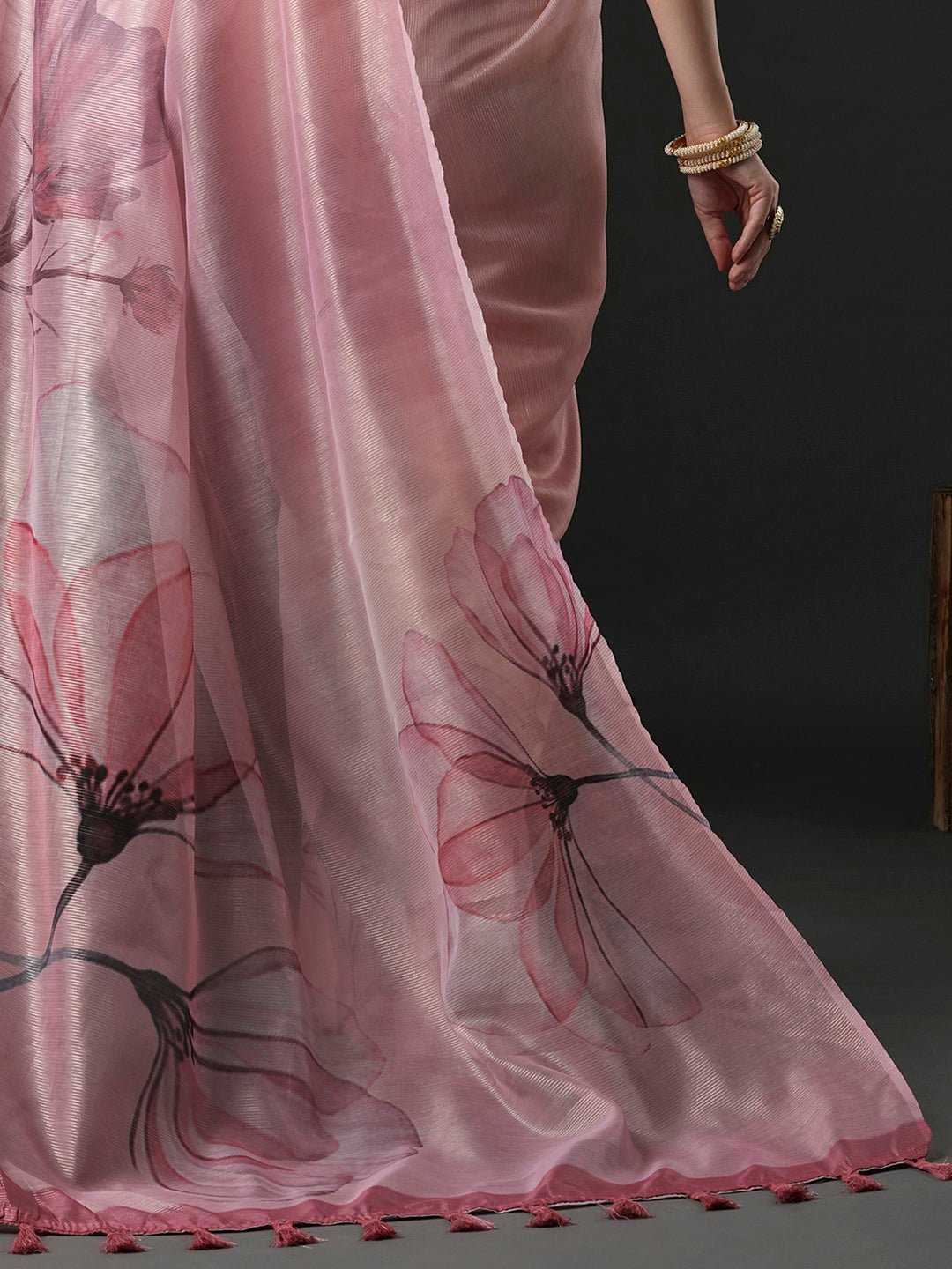 Dusty Pink Organza Saree with Watercolour Floral Print - Ressa