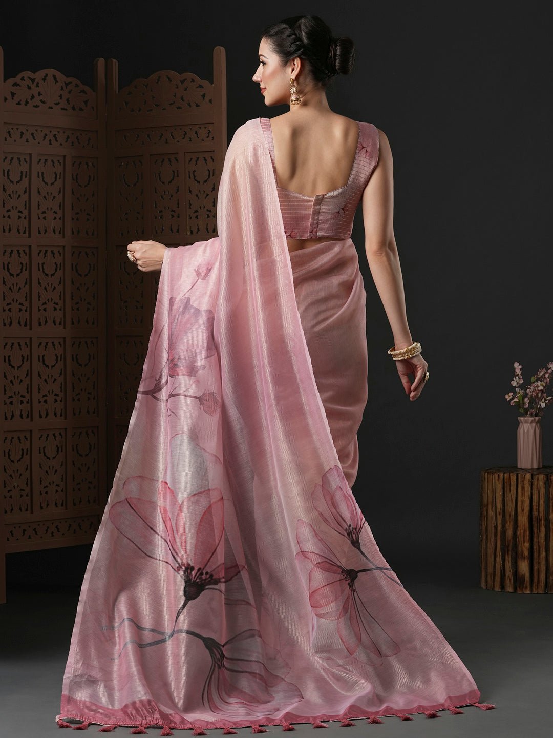 Dusty Pink Organza Saree with Watercolour Floral Print - Ressa