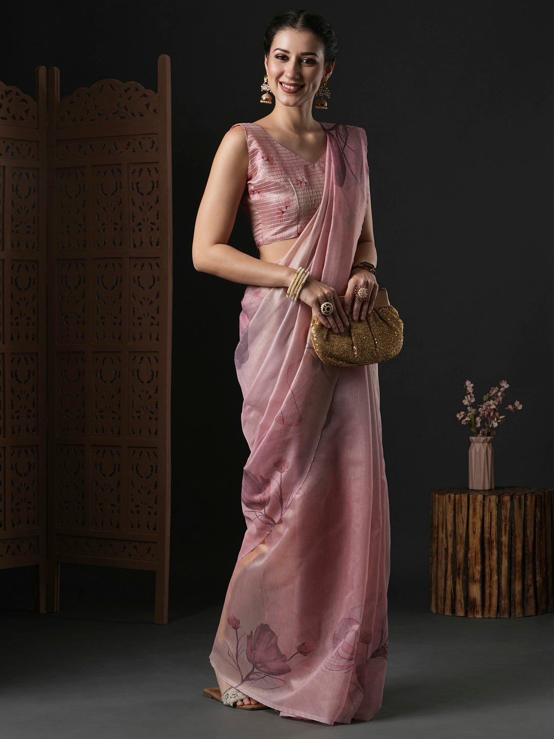 Dusty Pink Organza Saree with Watercolour Floral Print - Ressa
