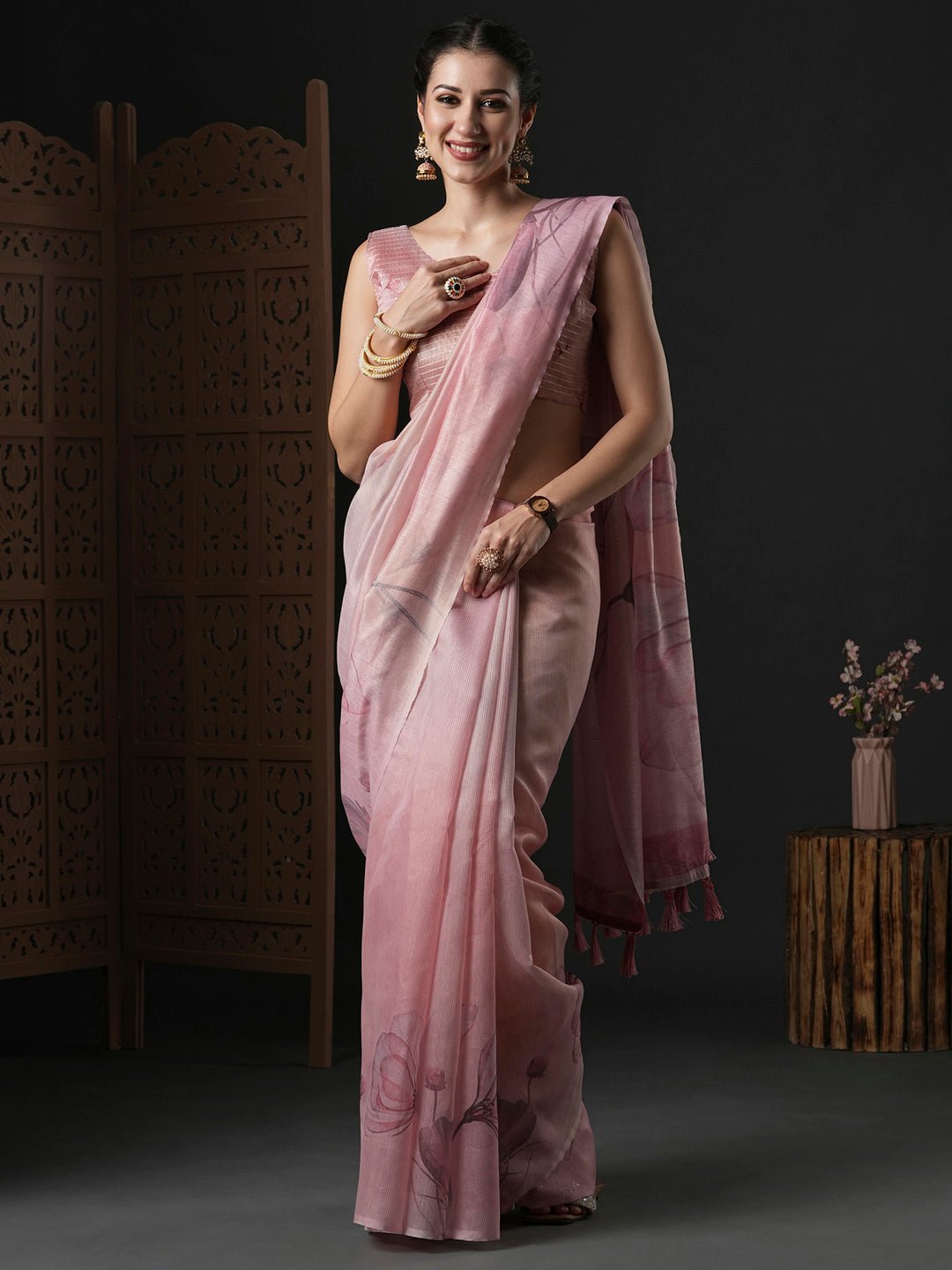 Dusty Pink Organza Saree with Watercolour Floral Print - Ressa