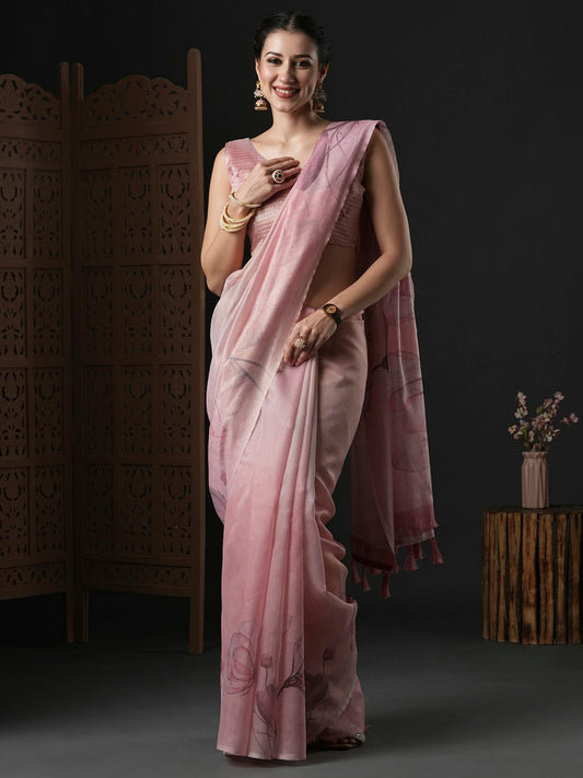 Dusty Pink Organza Saree with Watercolour Floral Print - Ressa